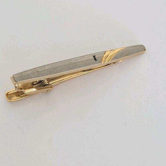 YSL Yves Saint Laurent Tie Bar Clip Clasp Gold Silver Tone 2in Logo Vintage - Picture 1 of 7
